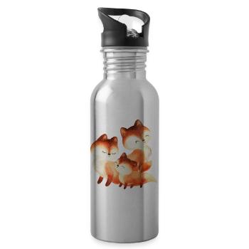 Red Fox Family Watercolor Painting - Water bottle with straw - silver - Right