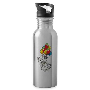 West Highland White Terrier with Balloons Westie - Water bottle with straw - silver - Right