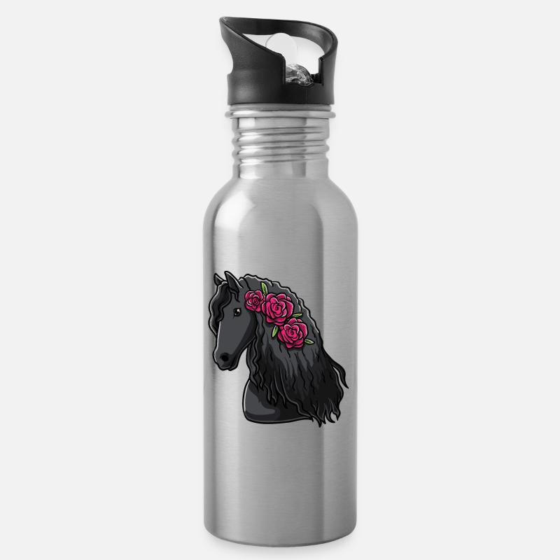 Friesenpferd mit Blumen Pferdefan Geschenk - Trinkflasche mit integriertem Trinkhalm - Lightsilver