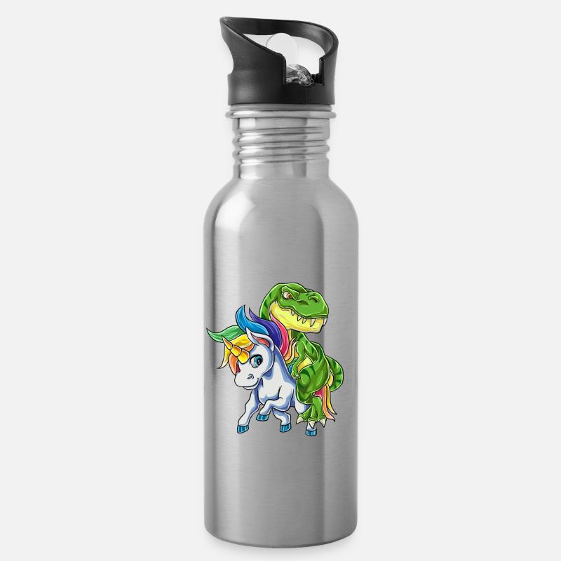T-Rex Reitet Einhorn Lustiges Dinosaurier Dino - Trinkflasche mit integriertem Trinkhalm - Lightsilver