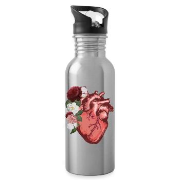 Anatomical Heart Flowers Love Women Men - Water bottle with straw - silver - Right