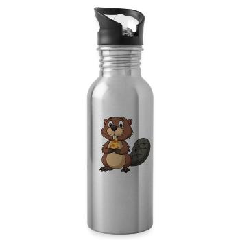 Funny beaver with pizza piece rodent pizza - Water bottle with straw - silver - Right