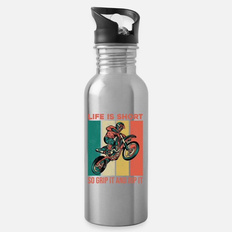 Retro Motorcross - Trinkflasche mit integriertem Trinkhalm - Lightsilver