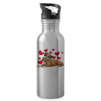Deutscher Boxer Hund mit Kuscheltier und Herzen - Trinkflasche mit integriertem Trinkhalm - Lightsilver - Rechts