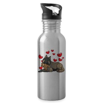 Tervuren dog with plush toy and many hearts - Water bottle with straw - silver - Right