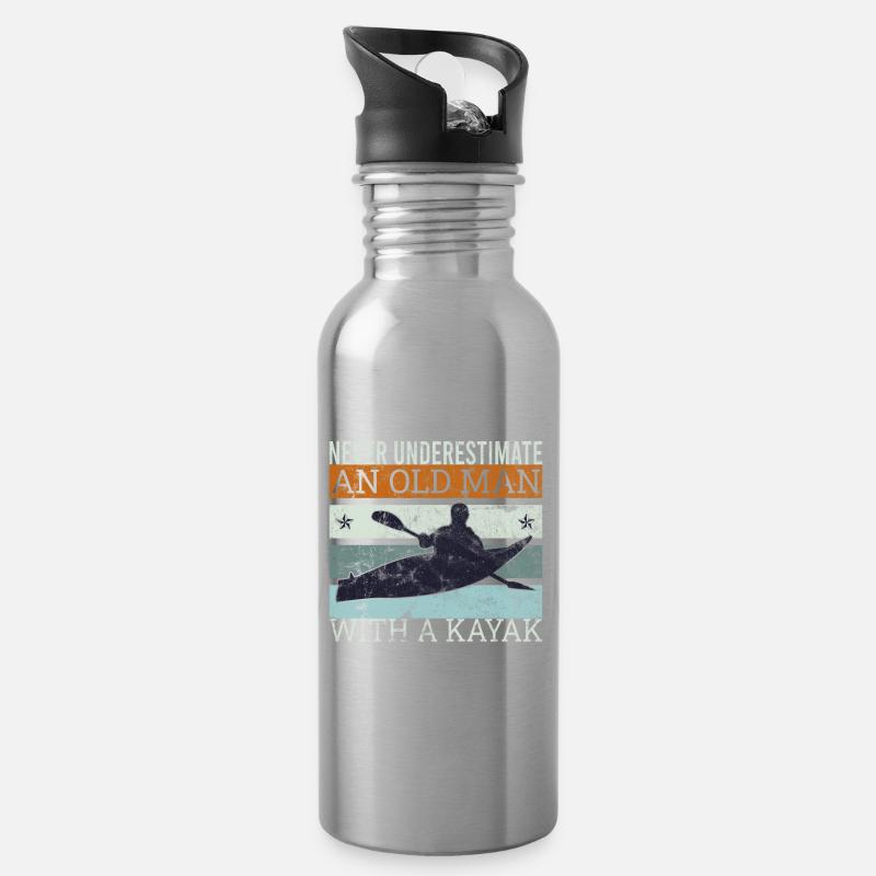 Alter Mann mit einem Kajak Kajak Paddel - Trinkflasche mit integriertem Trinkhalm - Lightsilver