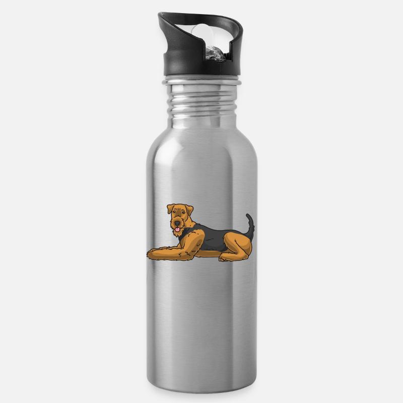Airedale Terrier Hund - Trinkflasche mit integriertem Trinkhalm - Lightsilver