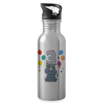 3rd birthday children's birthday 3 years rhinoceros - Water bottle with straw - silver - Right