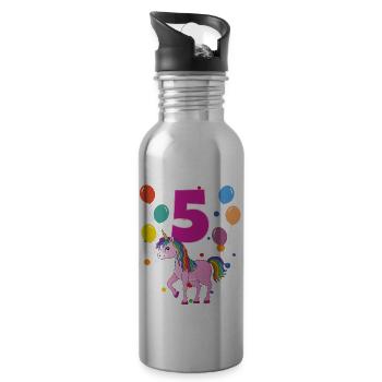 5. Geburtstag Kindergeburtstag 5 Jahre Einhorn - Trinkflasche mit integriertem Trinkhalm - Lightsilver - Rechts