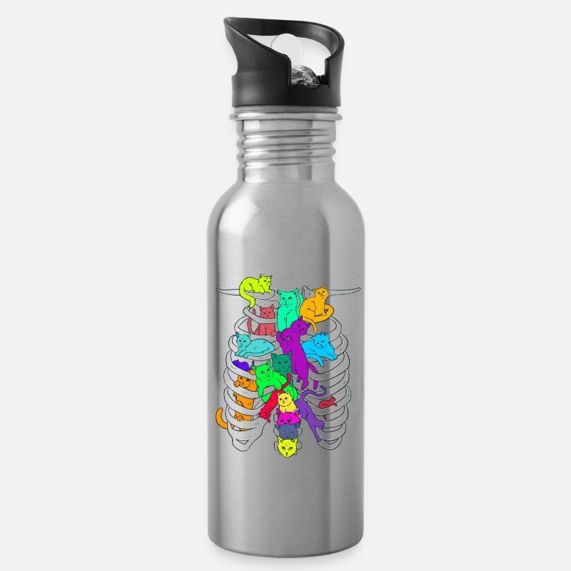 Cage thoracique squelettique avec chats colorés - Gourde avec paille intégrée - argent clair