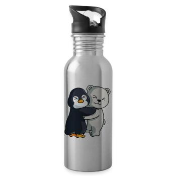 Pinguin und Eisbär niedliche Tiere knuddeln - Trinkflasche mit integriertem Trinkhalm - Lightsilver - Rechts