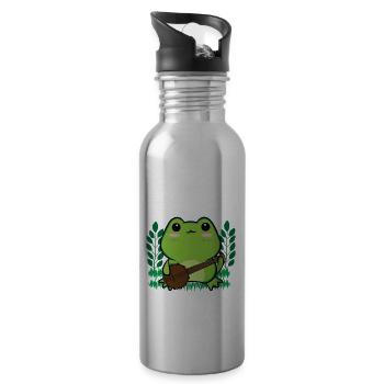 Cottagecore Aesthetic Kawaii Frog Plays Banjo - Water bottle with straw - silver - Right