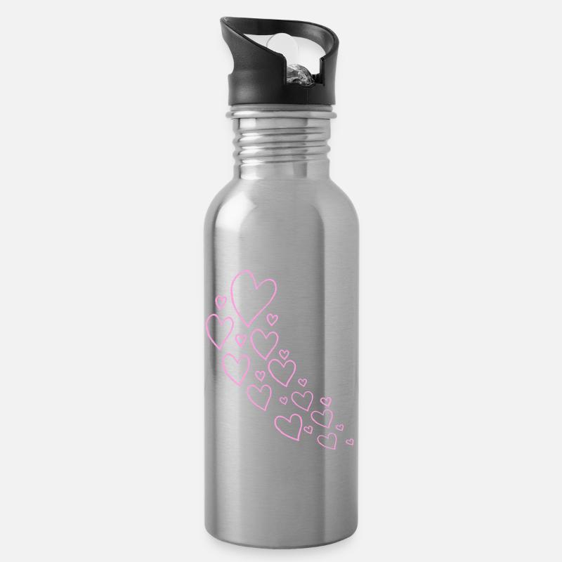 Aufsteigende Rosa Herzen - Trinkflasche mit integriertem Trinkhalm - Lightsilver