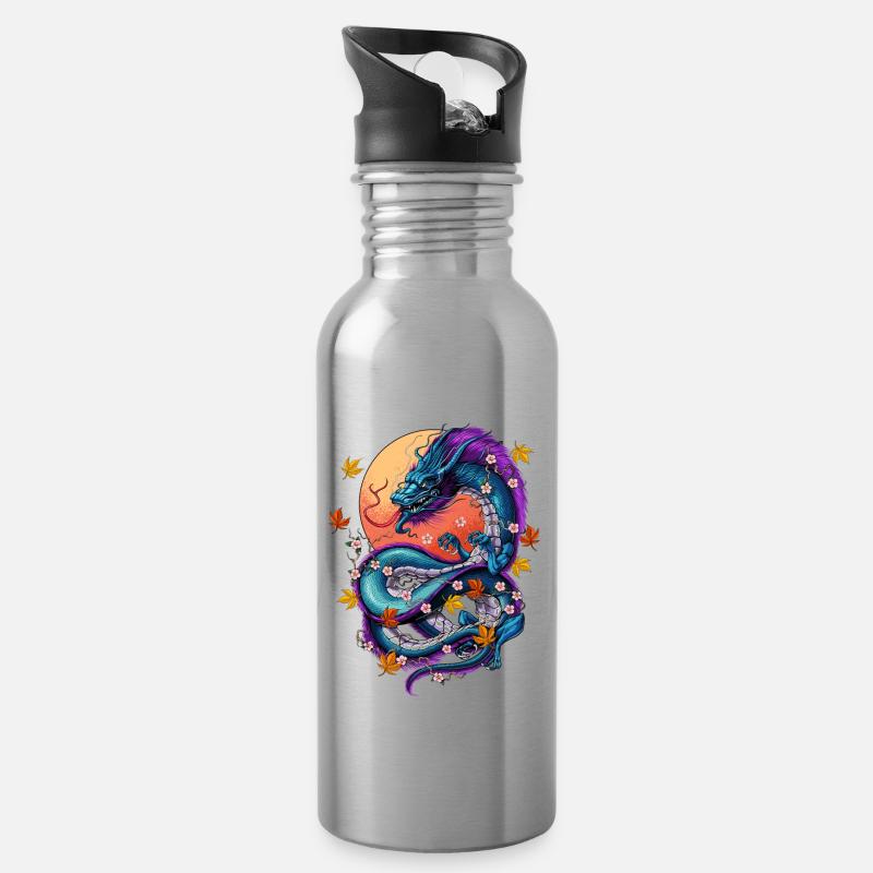 Vaporwave Japanischer Drache - Trinkflasche mit integriertem Trinkhalm - Lightsilver