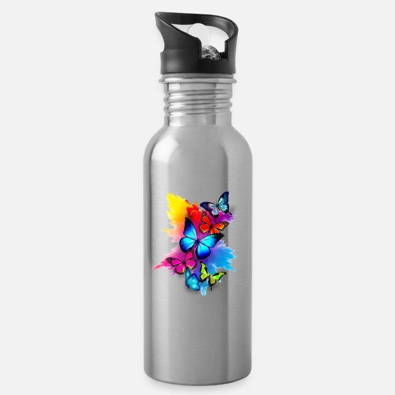 Schmetterling Splash Bunt - Trinkflasche mit integriertem Trinkhalm - Lightsilver