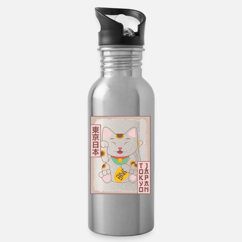 Maneki Neko Katze Tokyo Japan Poster Geschenk - Trinkflasche mit integriertem Trinkhalm - Lightsilver