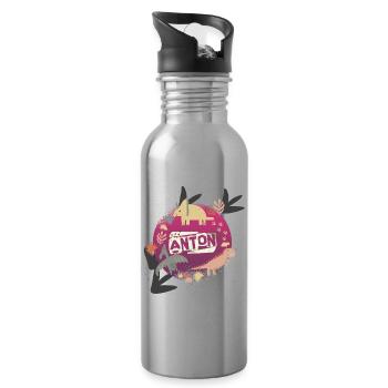 ANTON - Schöner Jungen Name mit süßen Dinosaurier - Trinkflasche mit integriertem Trinkhalm - Lightsilver - Rechts