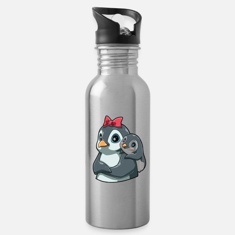 Liebevoller Pinguin mit Pinguin Kind für Pinguin - Trinkflasche mit integriertem Trinkhalm - Lightsilver