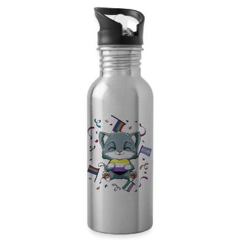 Kawaii Nonbinary Stolz Katze - Enby Herz - Trinkflasche mit integriertem Trinkhalm - Lightsilver - Rechts
