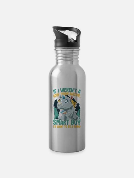 Nashorn malt sich Horn an - Trinkflasche mit integriertem Trinkhalm - Lightsilver
