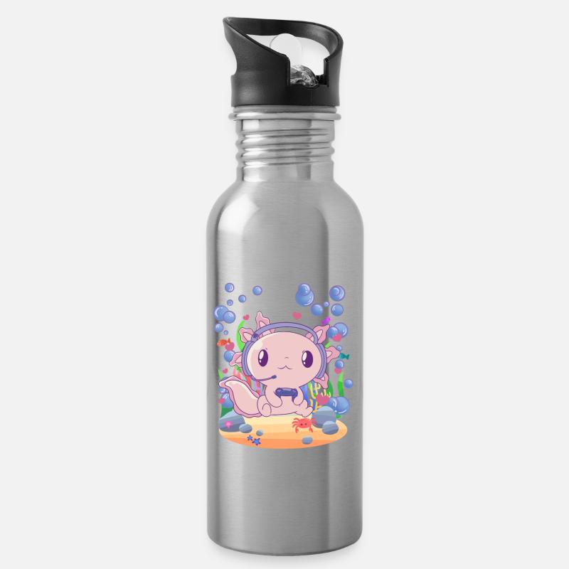 Axolotl zockt unter Wasser - Trinkflasche mit integriertem Trinkhalm - Lightsilver