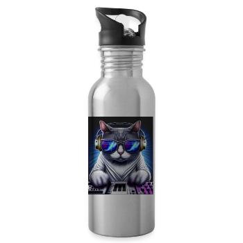 Cat DJ mit Kopfhörern und Brille auf Synthetizer - Trinkflasche mit integriertem Trinkhalm - Lightsilver - Rechts
