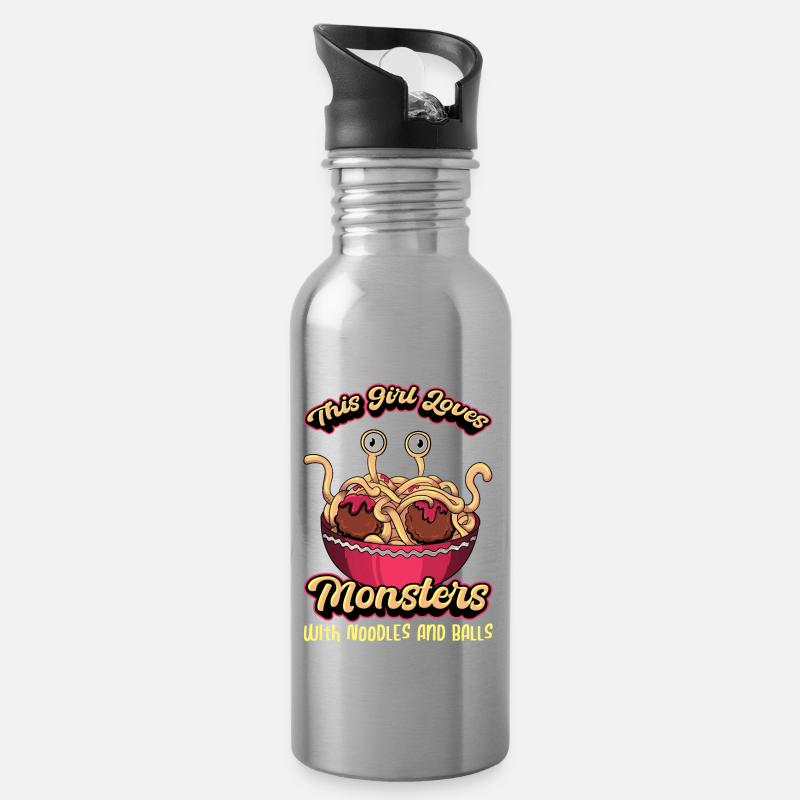 Fliegendes Spaghettimonster FSM Pastafari Pastafar - Trinkflasche mit integriertem Trinkhalm - Lightsilver