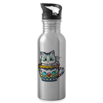 petit chat kawaii - mignon - manga - Gourde avec paille intégrée - argent clair - Droite