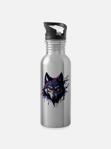 Kunst Pop Art Wolf - Trinkflasche mit integriertem Trinkhalm - 