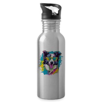 Border Collie Hund Hunderasse - Trinkflasche mit integriertem Trinkhalm - Lightsilver - Rechts