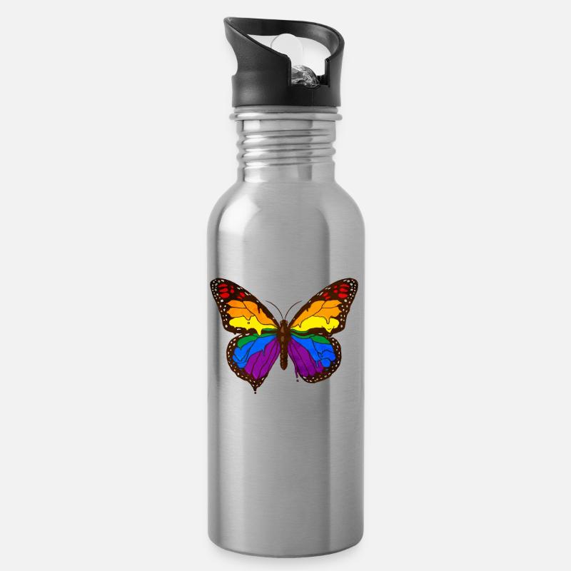 Gay Pride Rainbow Flag Butterfly - Gourde avec paille intégrée - argent clair
