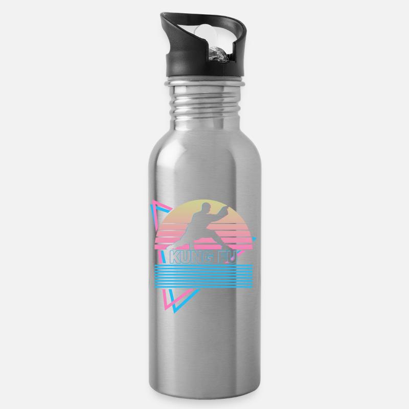 Kung Fu Retro - Trinkflasche mit integriertem Trinkhalm - Lightsilver