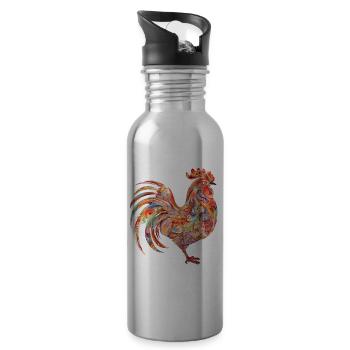Vibrant Floral Colorful Rooster - Water bottle with straw - silver - Right