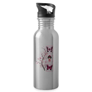 Cherry Blossom Shirt, Sakura Kawaii Japanese Doll - Water bottle with straw - silver - Right