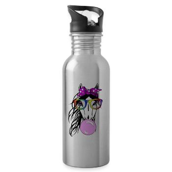 Pferd mit Brille und Kaugummi - Trinkflasche mit integriertem Trinkhalm - Lightsilver - Rechts