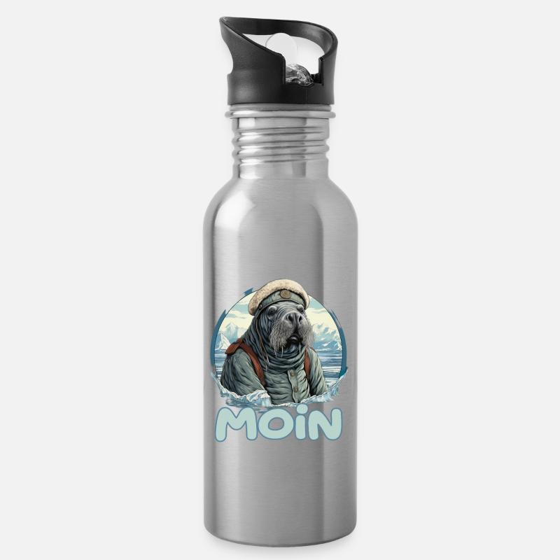 Moin Walross Matrose - Trinkflasche mit integriertem Trinkhalm - Lightsilver