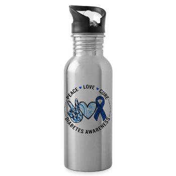 Diabetes Awareness Shirt, Peace Love Cure Blue - Water bottle with straw - silver - Right