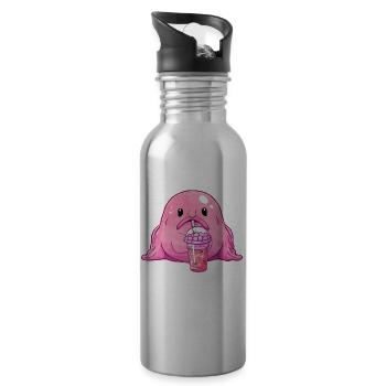 Kawaii Blobfish Pink Boba Bubble Milk Tea - Water bottle with straw - silver - Right