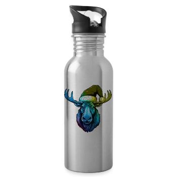 Moose Head Christmas Portrait Colorful - Water bottle with straw - silver - Right
