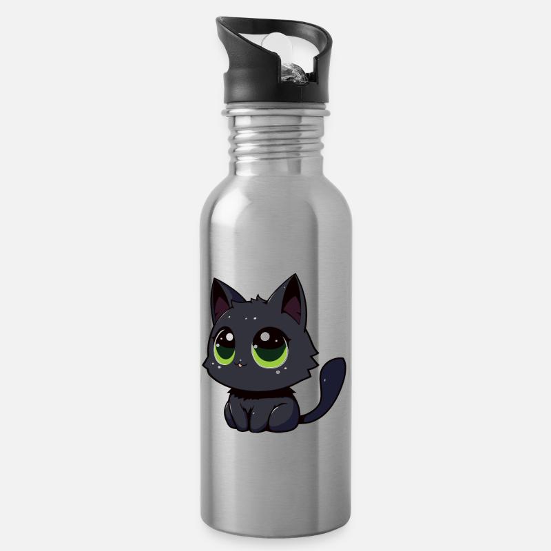 Chat noir qui vous observe, qui s’ébroue - Gourde avec paille intégrée - argent clair