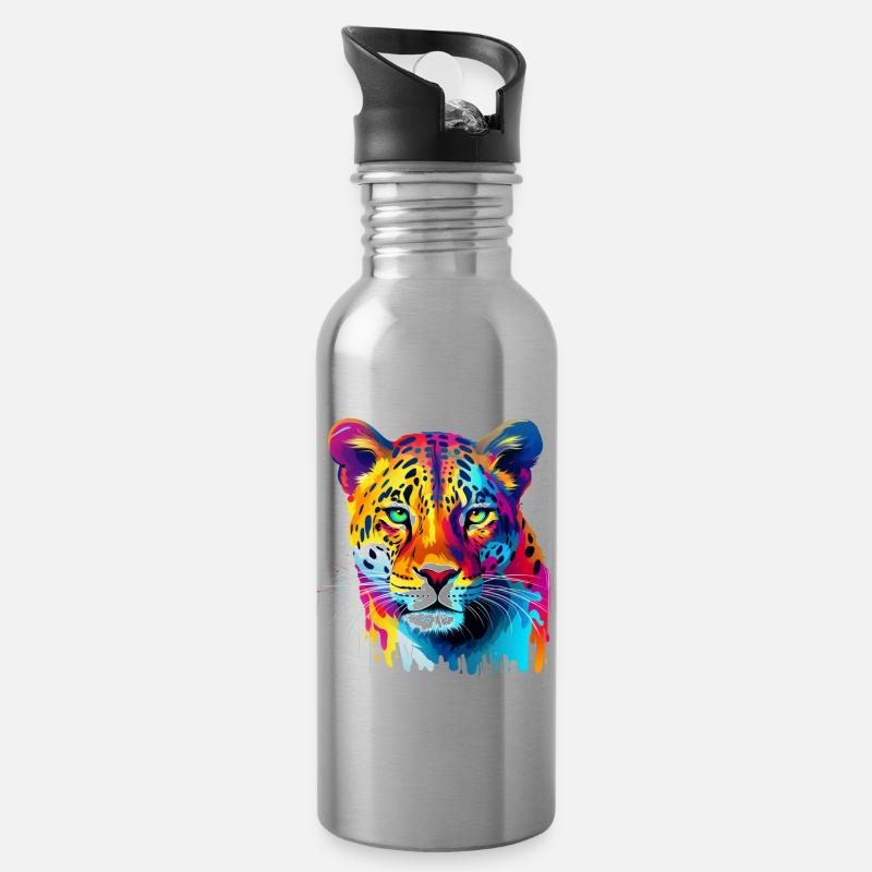 Bunter Leopard Farbspritzer Farbkleckse - Trinkflasche mit integriertem Trinkhalm - Lightsilver