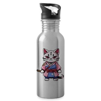 Samurai Cat & Cherry Blossoms #14 - Water bottle with straw - silver - Right