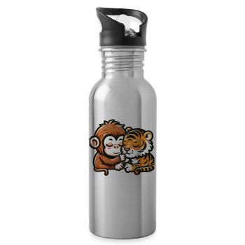 Cuddling Monkey And Tiger In Love - Water bottle with straw - silver - Right
