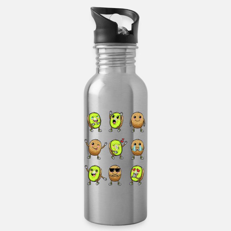 Kiwi fruit Kawaii émoticône - Gourde avec paille intégrée - argent clair