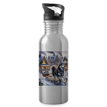 Siberian Husky Cottagecore Winter Wonderland Men - Water bottle with straw - silver - Right