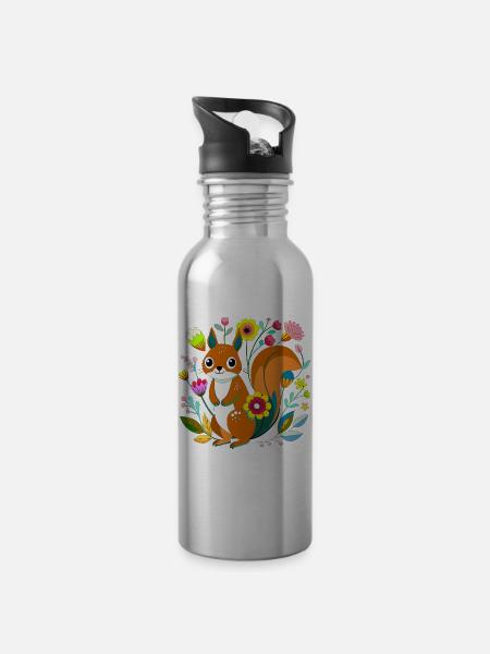 Kleines Eichhörnchen in Blumen - Trinkflasche mit integriertem Trinkhalm - Lightsilver