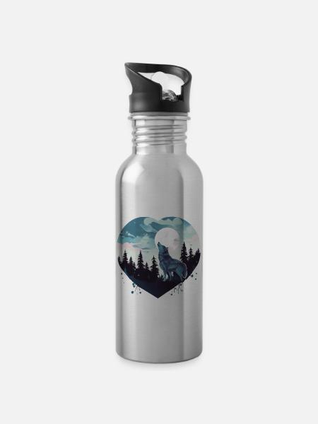 Wolfsherz Mond Heulen Valentinstag Wildnis - Trinkflasche mit integriertem Trinkhalm - Lightsilver