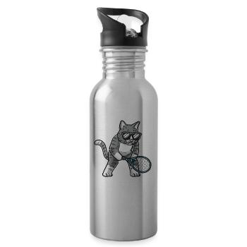 Funny Tennis Cat - Water bottle with straw - silver - Right