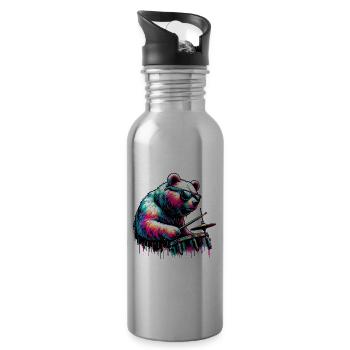 Splash Art Bear Playing Drums Drum Drummer - Water bottle with straw - silver - Right