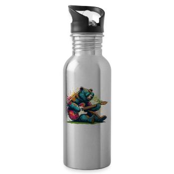 Splash Art Bear Playing Electric Guitar Guitars - Water bottle with straw - silver - Right